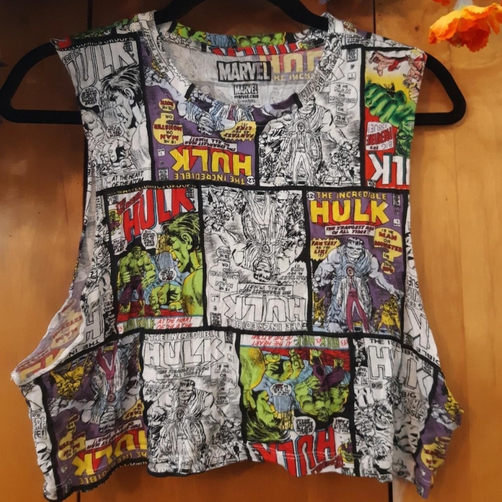 Marvel Hulk Womens Comic Print Cropped Muscle Tee - Multicolor